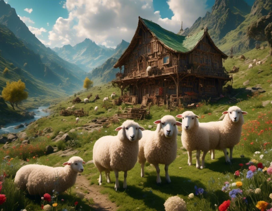 Mountain Landscape with Sheep and Guardian Dogs