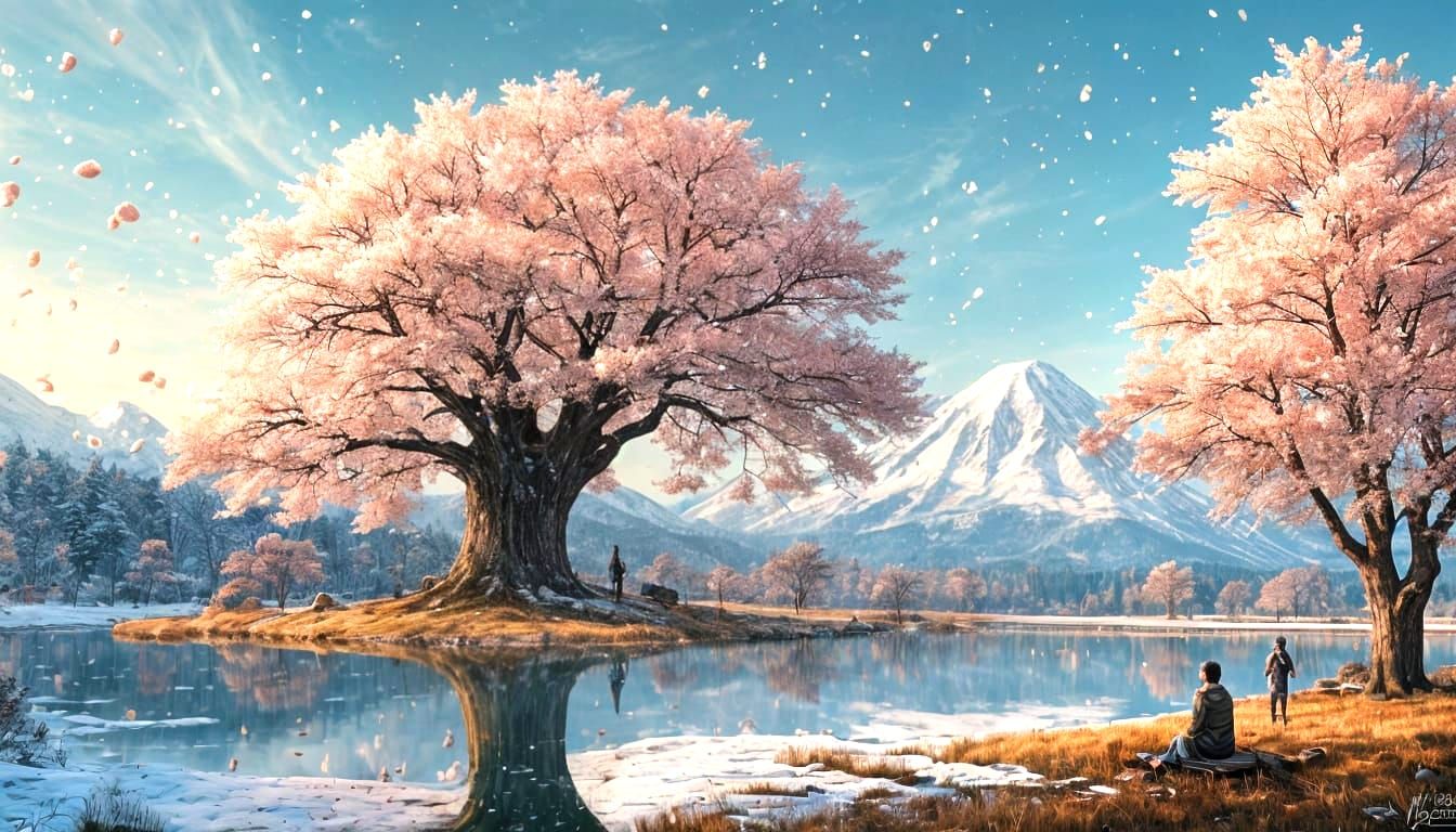 Serene Japanese Winter Scene with Sakura Tree