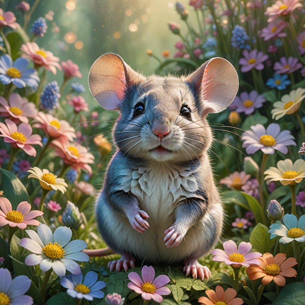 Enchanting Mouse in Fantasy Garden, Kinkade Style
