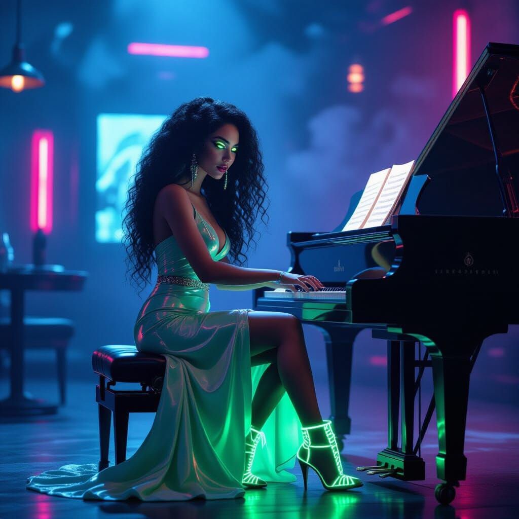 Cyberpunk Pianist in Neon Bar on Alien Planet