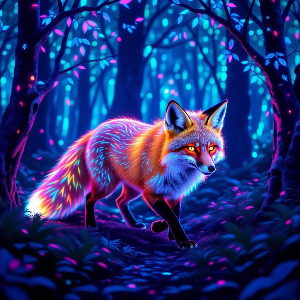 Bioluminescent Fox in Cyberpunk Forest