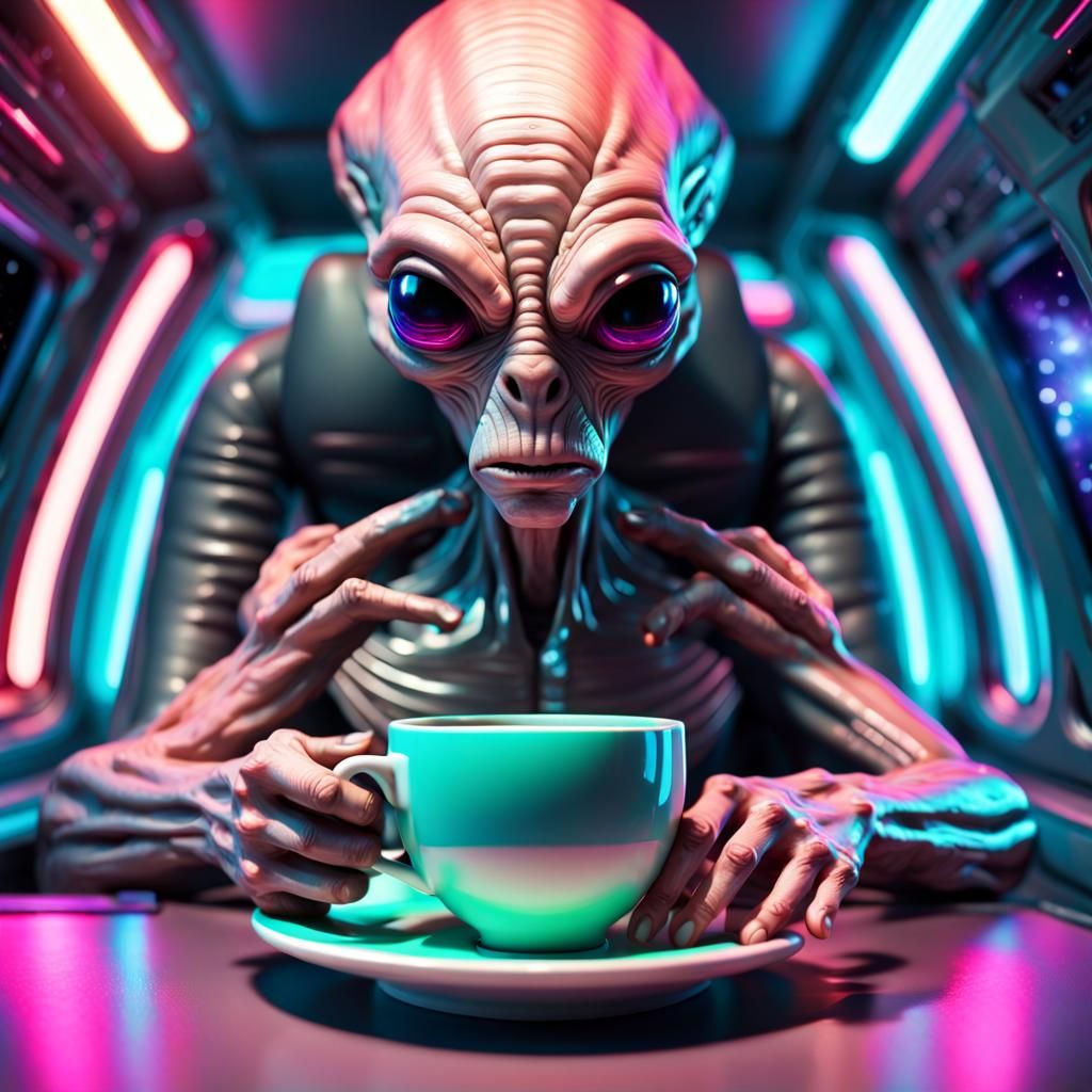 Grumpy Alien Drinks Coffee in Zero Gravity