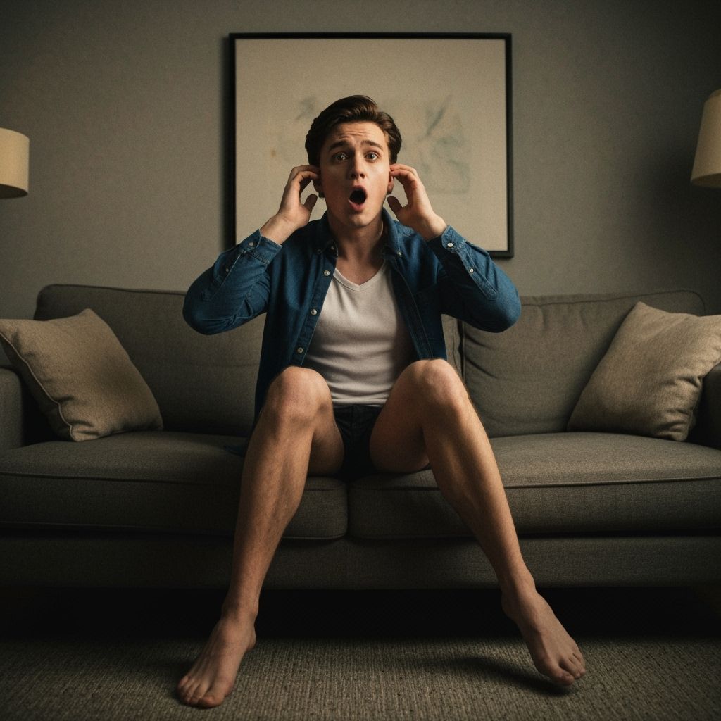 Young Man Surprised in Feminine Attire, Cinematic Living Roo...