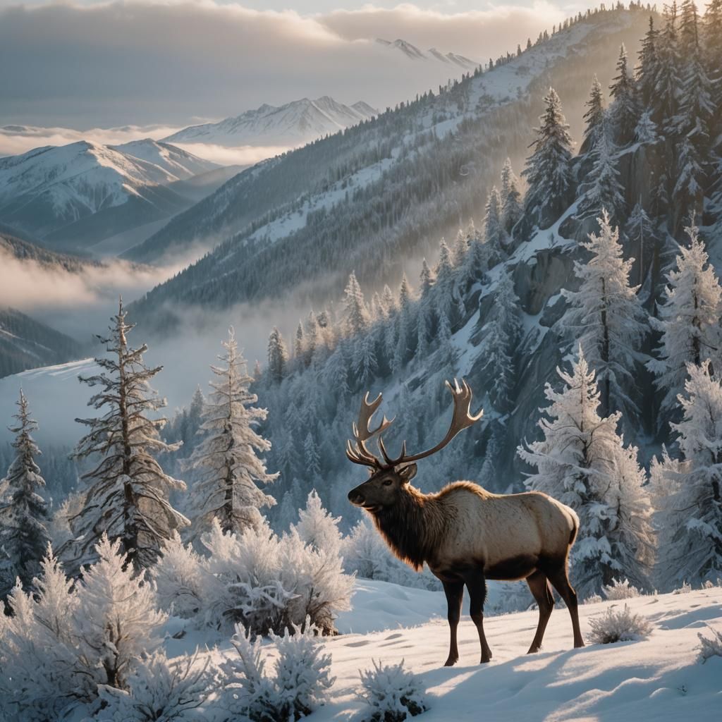 Elk on Snowy Ridge at Dawn in Cinematic Style