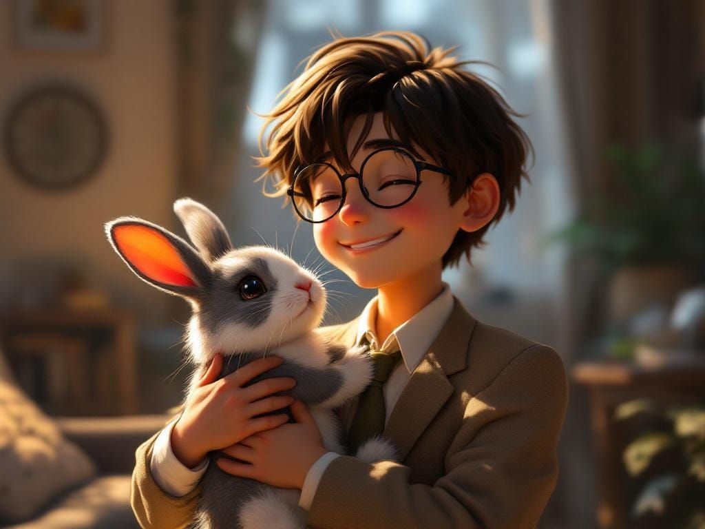 Boy with Rabbit in Anime Style Digital Art