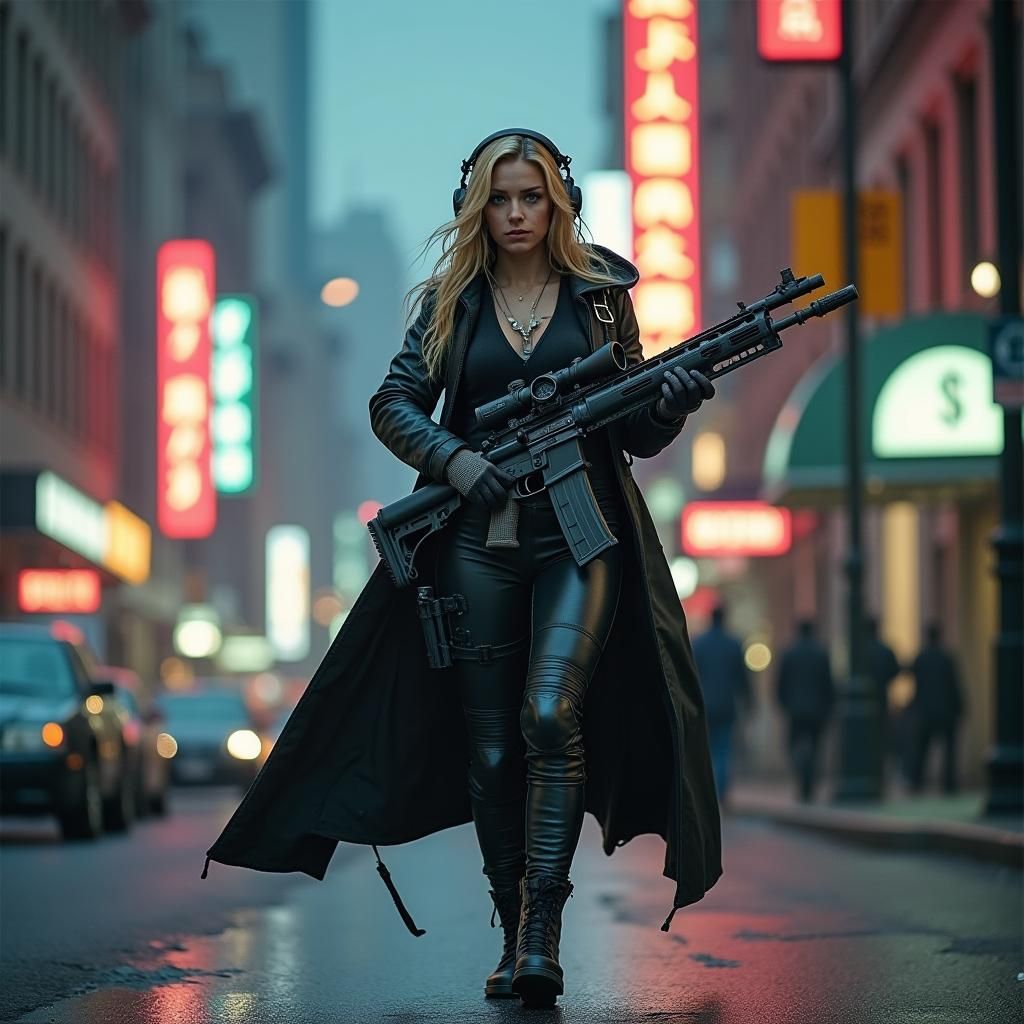 Cyberpunk Sniper on Patrol in Deserted City