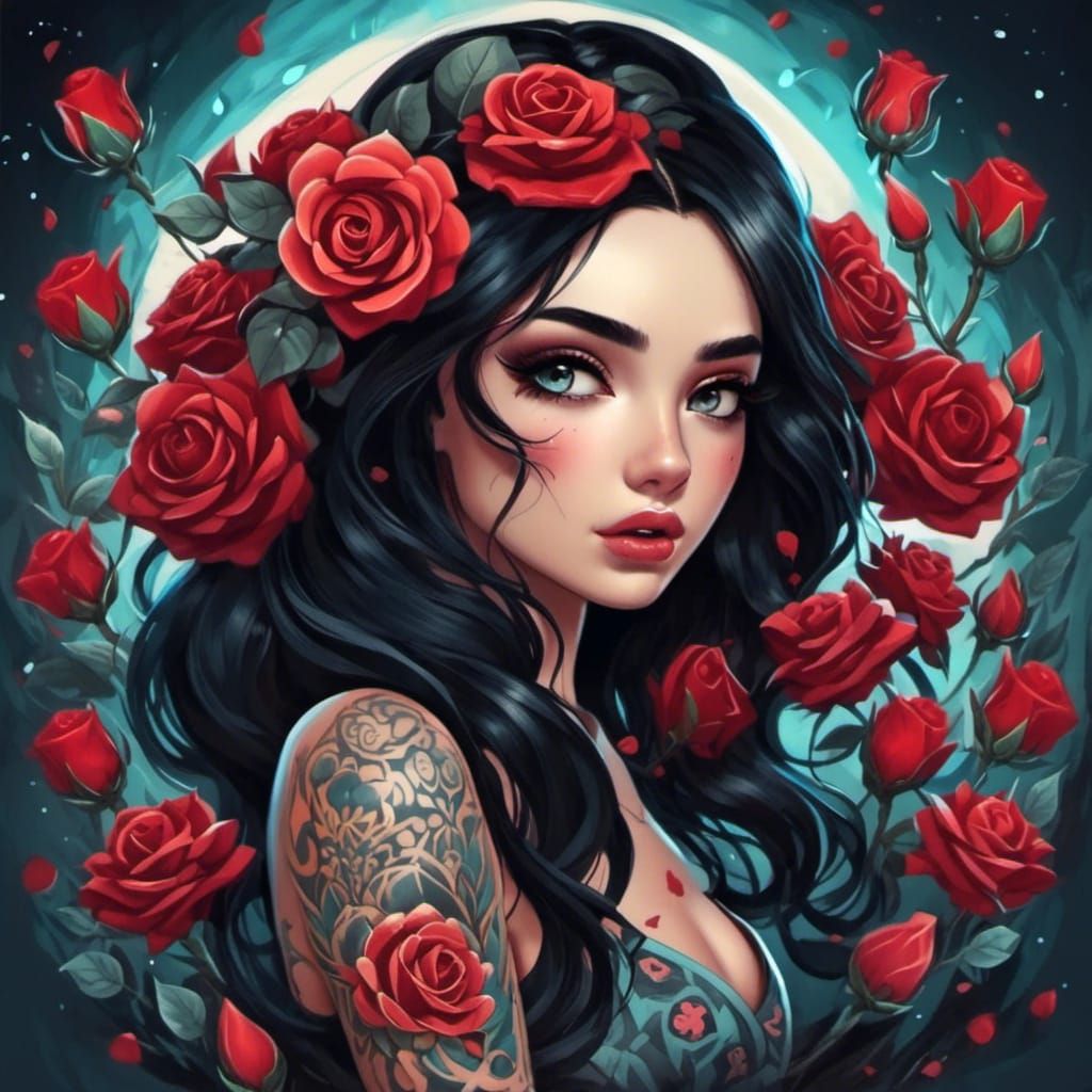 Tattooed Woman with Roses in Hair: Digital Portrait