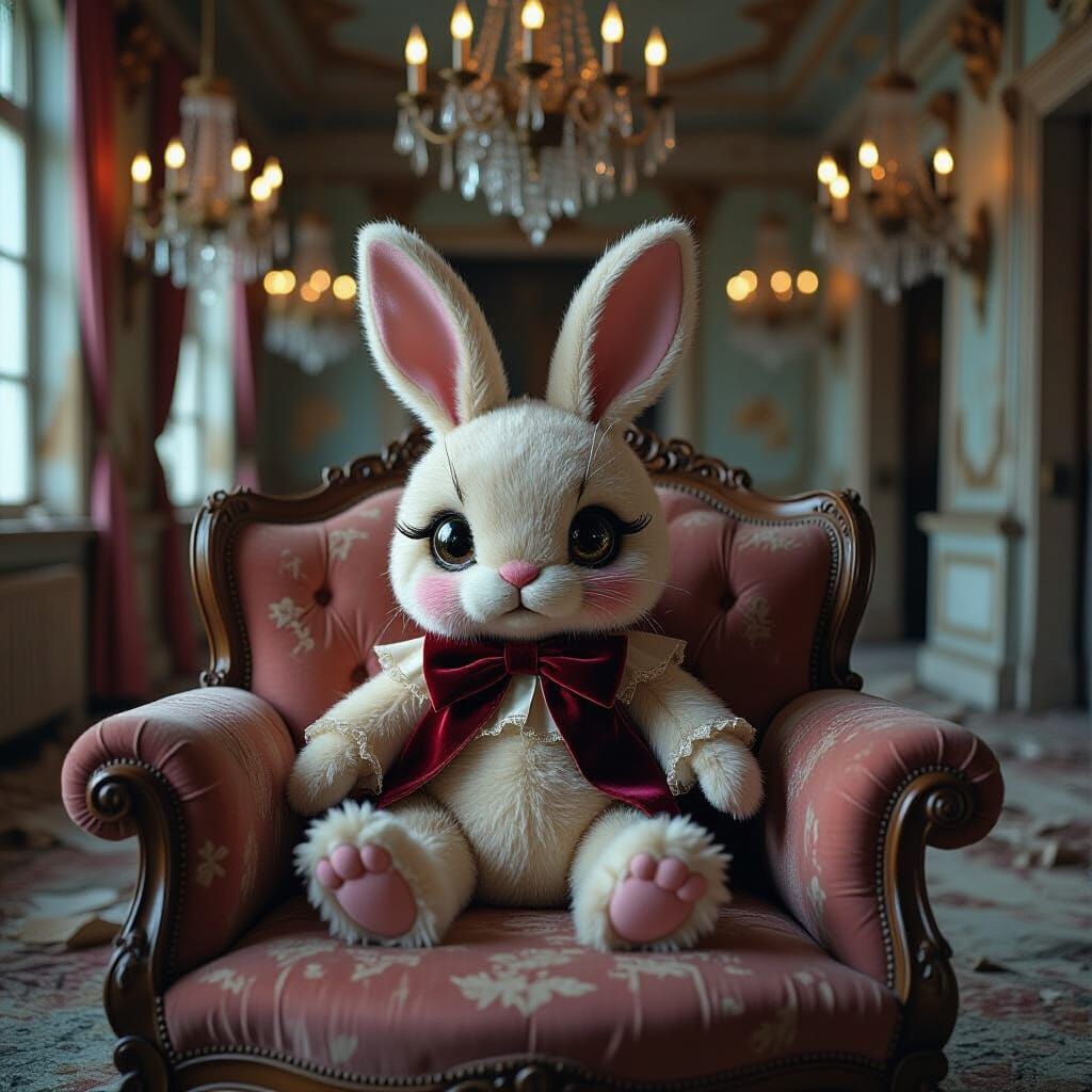Bunny Toy with Galaxy Eyes in Decaying Ballroom