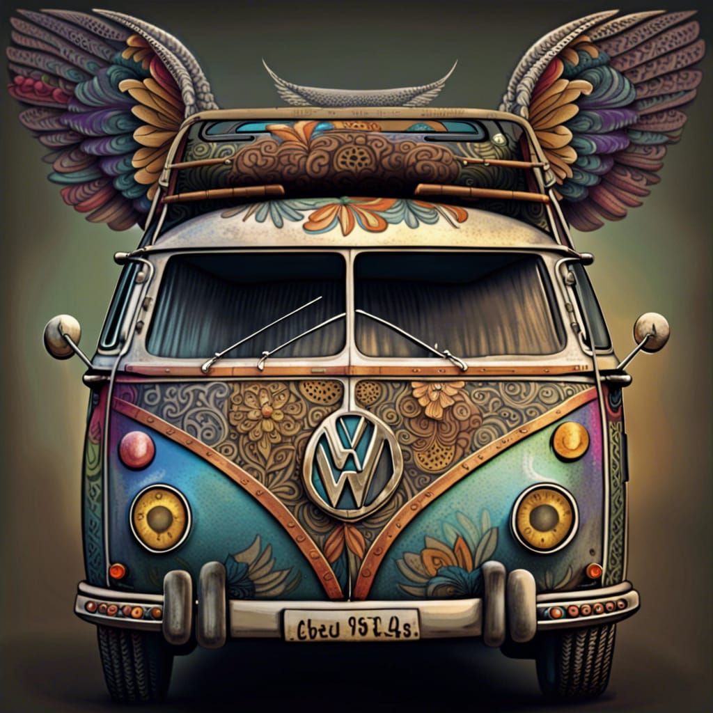 Detailed 3D Illustration of Flying VW Hippie Van
