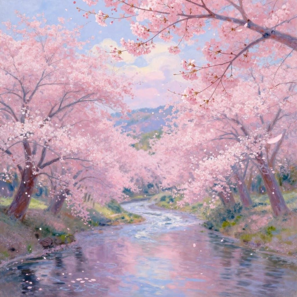 Dreamy Cherry Blossom Valley River Landscape in Impressionis...