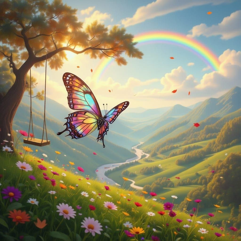 Fairytale Butterfly Near Unicorn and Rainbow at Earth's Edge