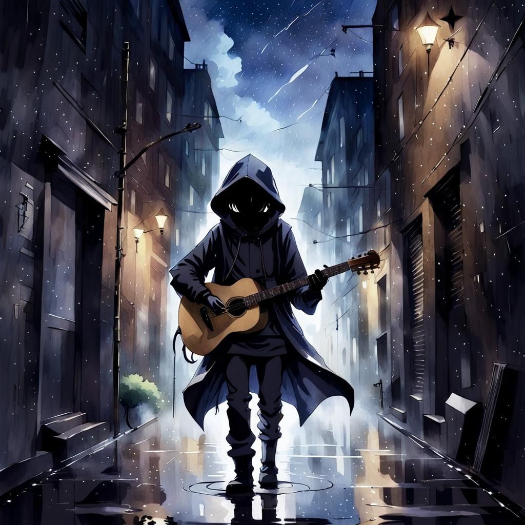 Rainy Cityscape Guitarist in Anime Watercolor Style