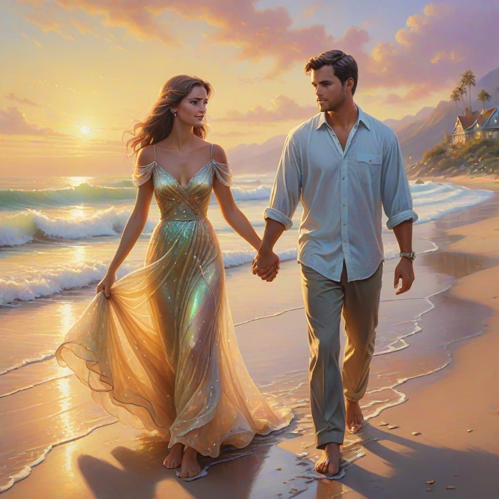 Romantic Couple Walking on Beach in Golden Hour Lighting