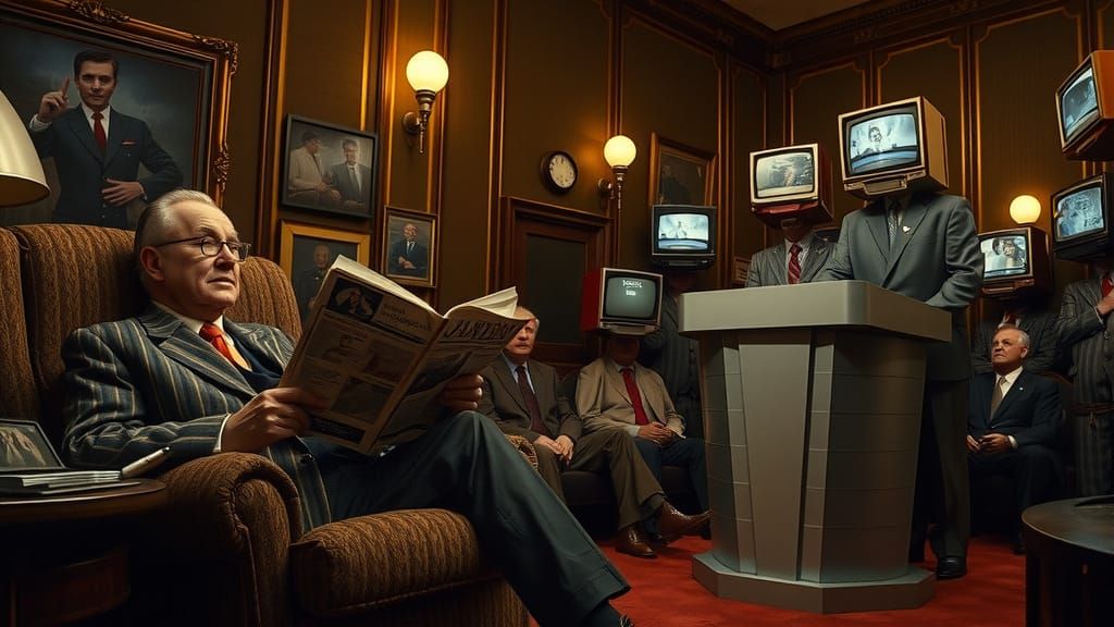 A Man Reads News in a Futuristic, Retro-Style Study