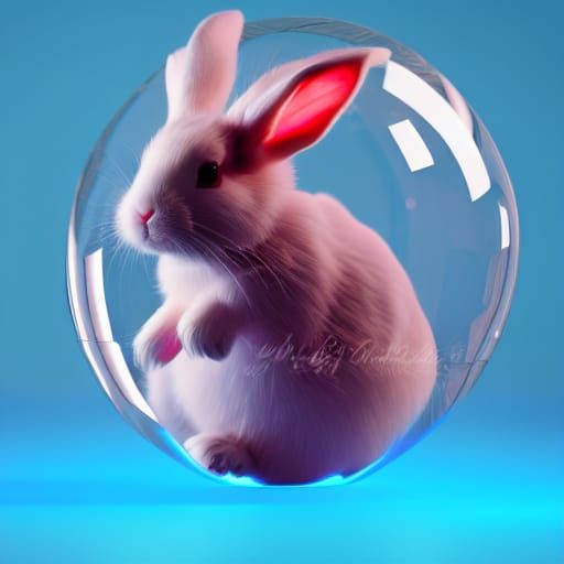 Adorable Rabbit in Glass Sphere with Luminous Crystals