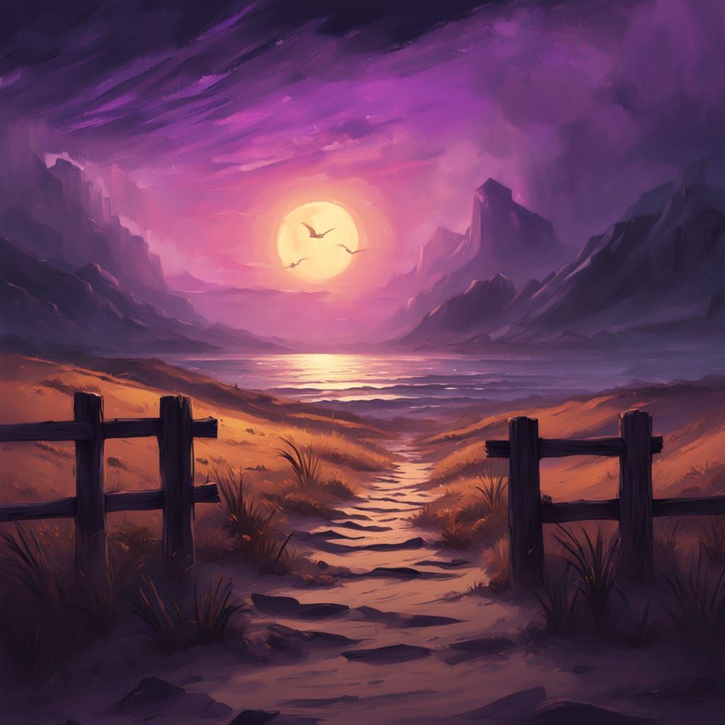 Fantasy Concept Art: Glowing Town Path with Broken Fences