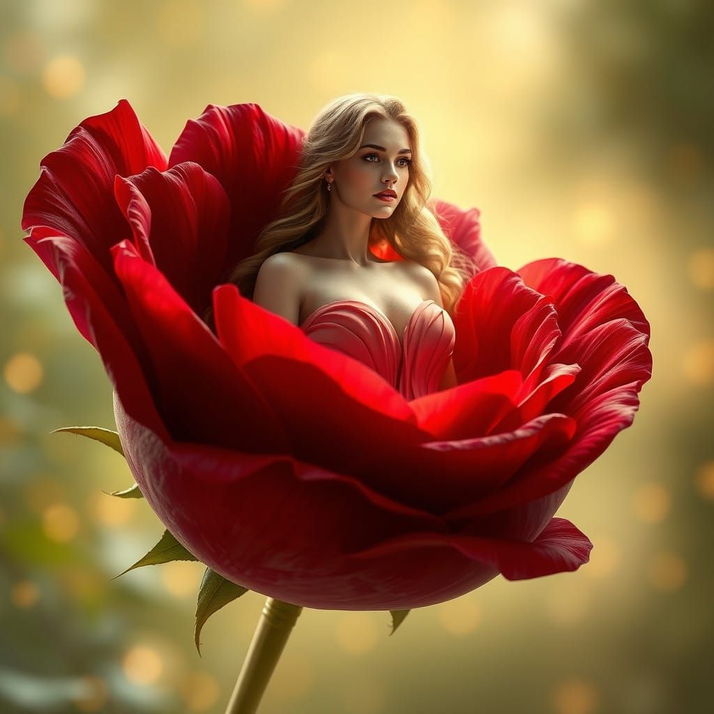 Ethereal Goddess Emerging from a Grand Wine-Red Rose in a Wh...