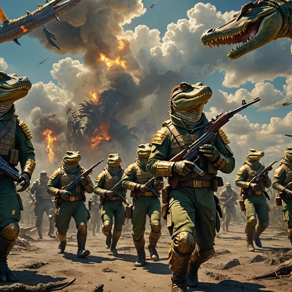 Alligator Military March in Digital Matte Painting Style