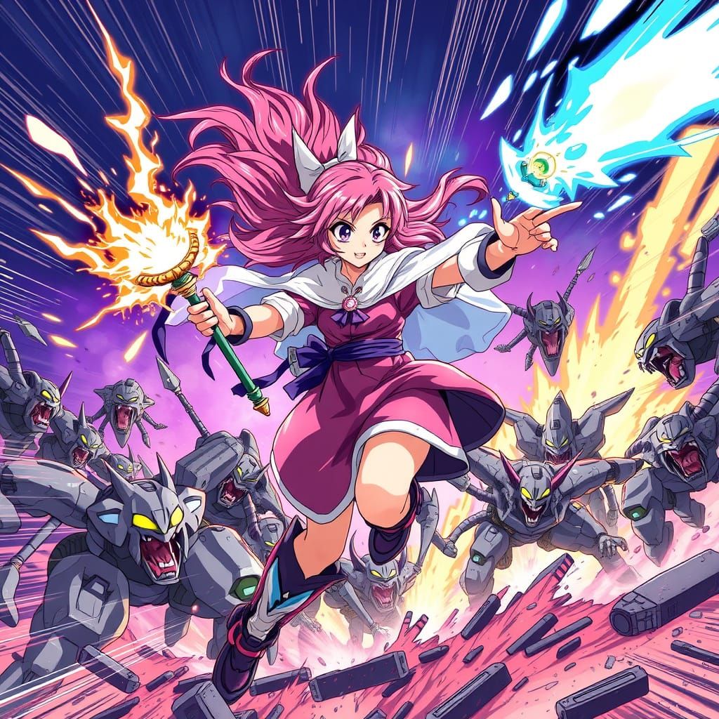 Pink-Haired Sorceress Fights Robotic Demons in Anime Style