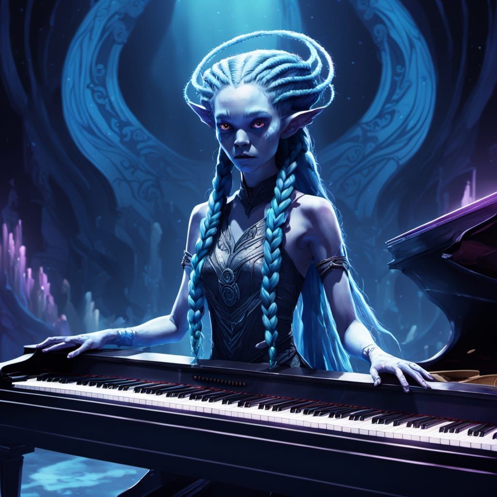Alien Maiden Sings on Stage in Ethereal Blue and Purple