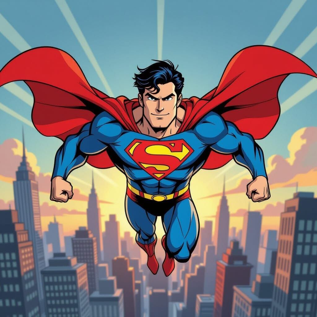 Superman Flies Through Metropolis in Cartoon Style