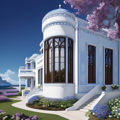 Art Deco Beach Home with Gothic Motifs in Vibrant Garden