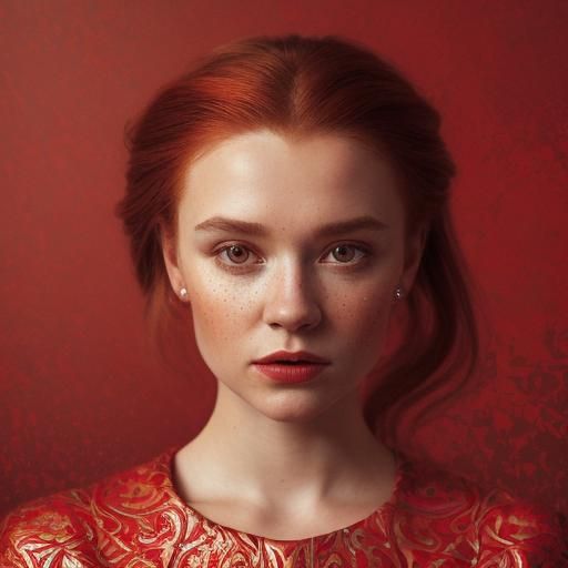 Hyperrealistic Portrait of Red-Haired Woman in Red