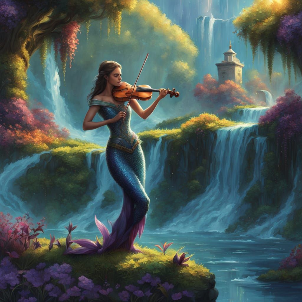 Mermaid's Waterfall Serenade: A Fantasy Oil Painting