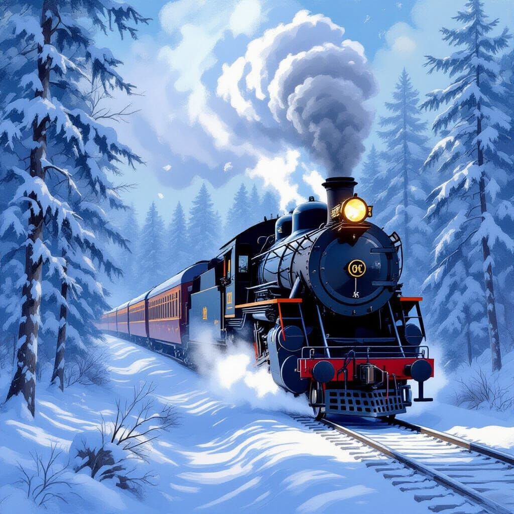 Vintage Steam Train in Snowy Forest Landscape