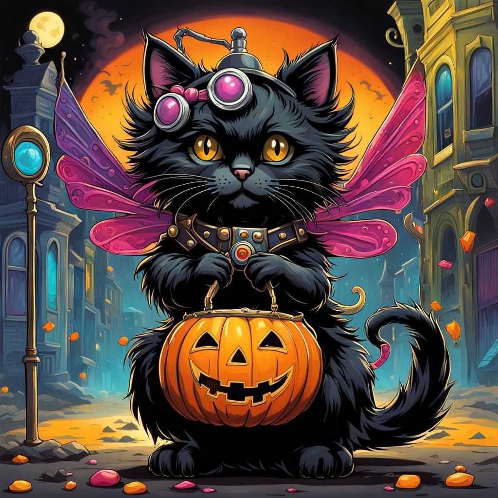 Cute aetherpunk balck cat carrying trick or treat candy bags,out trick or treating on Halloween night , graffiti art, ...