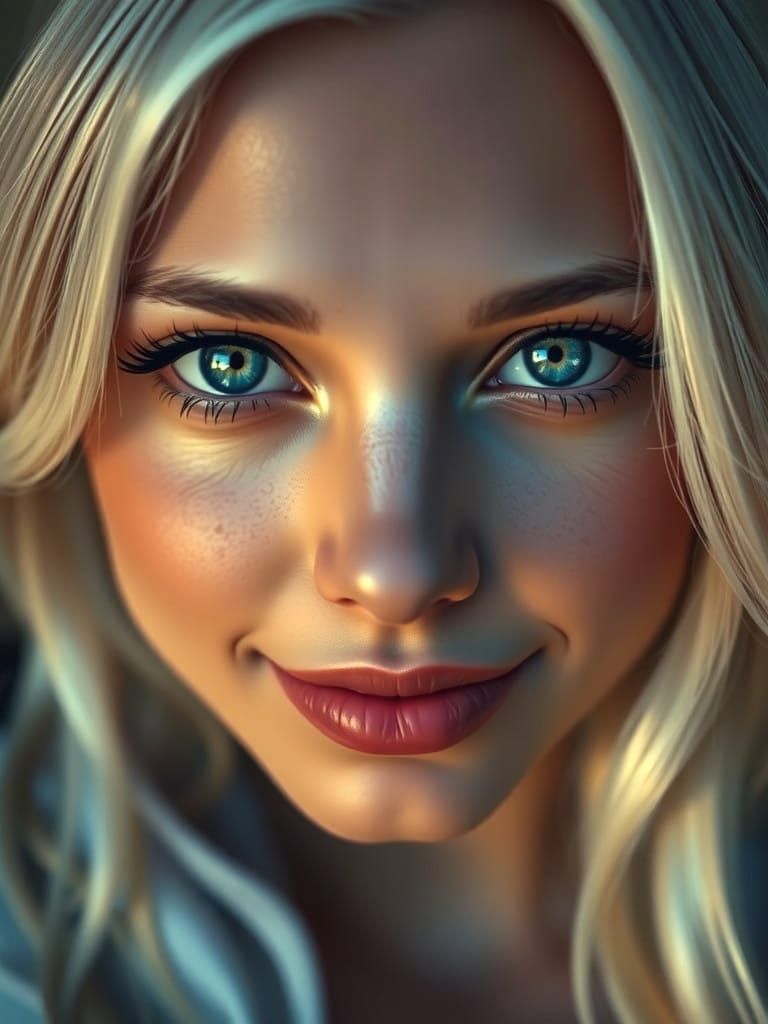 Cinematic Beauty: Feline-Nosed Woman in Vibrant Blue-Green E...