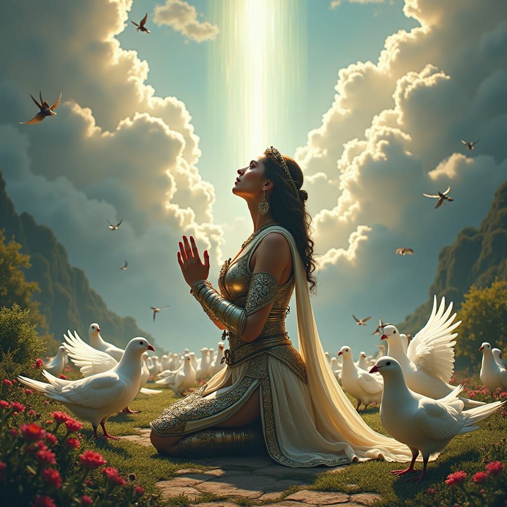 Armored Woman in Prayer with Doves: Fantasy Art