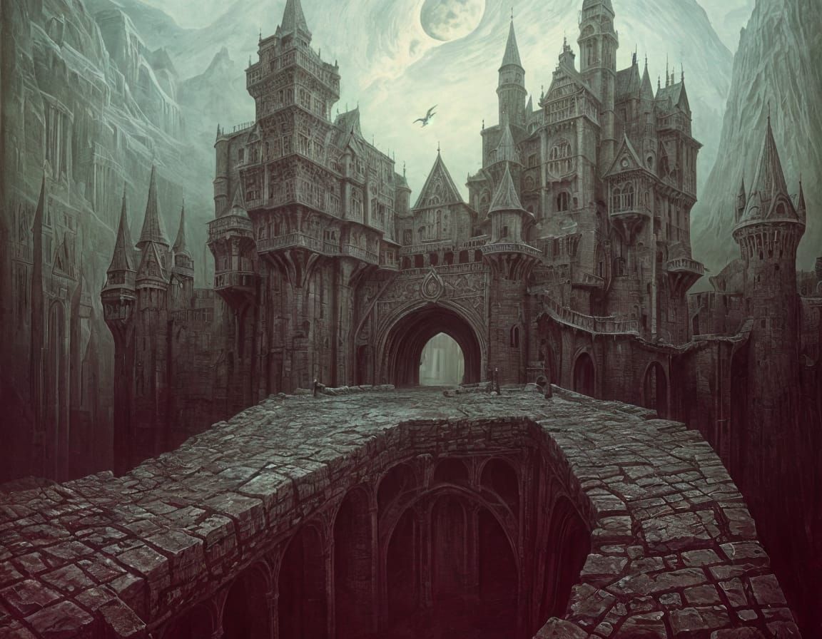Surreal Castle with Drawbridges in Dreamlike Landscape