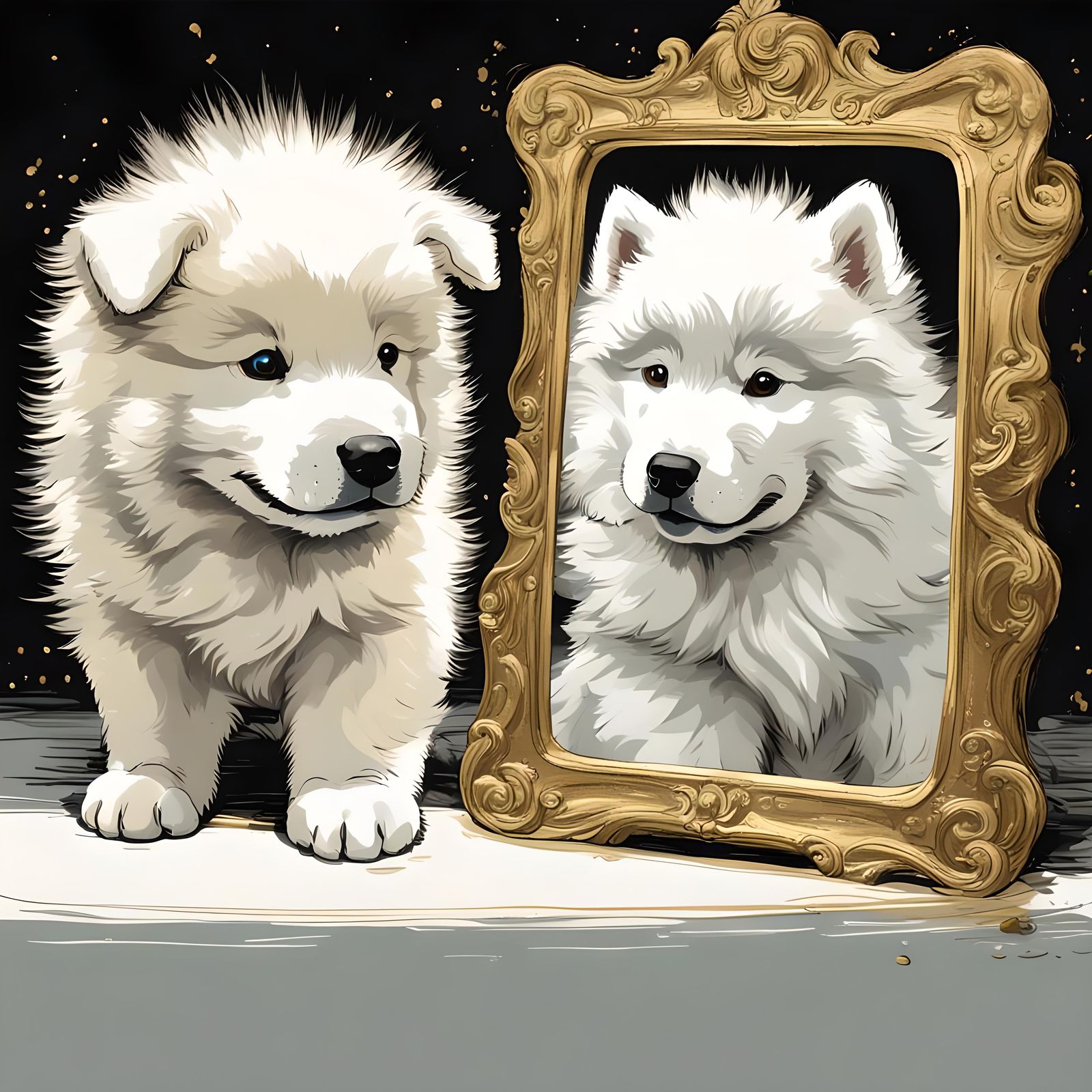 Puppy's Reflection: Samoyed Dream in Goldpoint Style