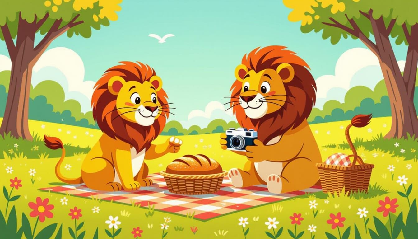 Vibrant 1950s Lion Family Picnic in Meadow