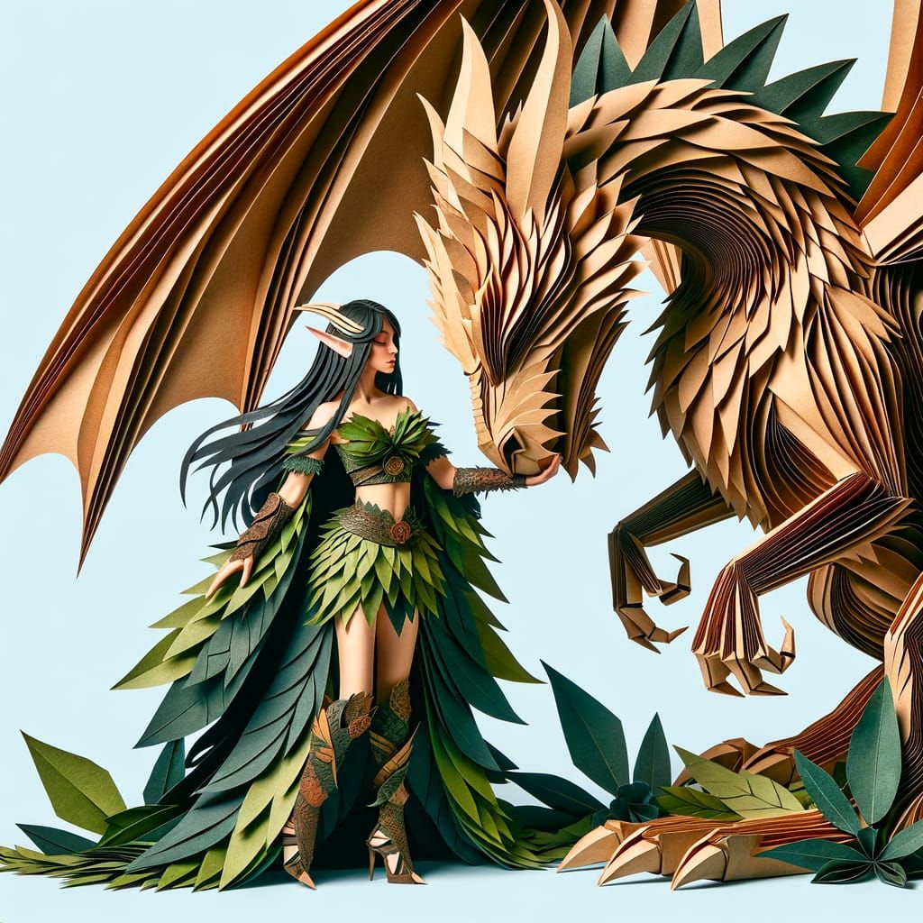 Fantasy Papercraft: Elf Woman Hugging Dragon