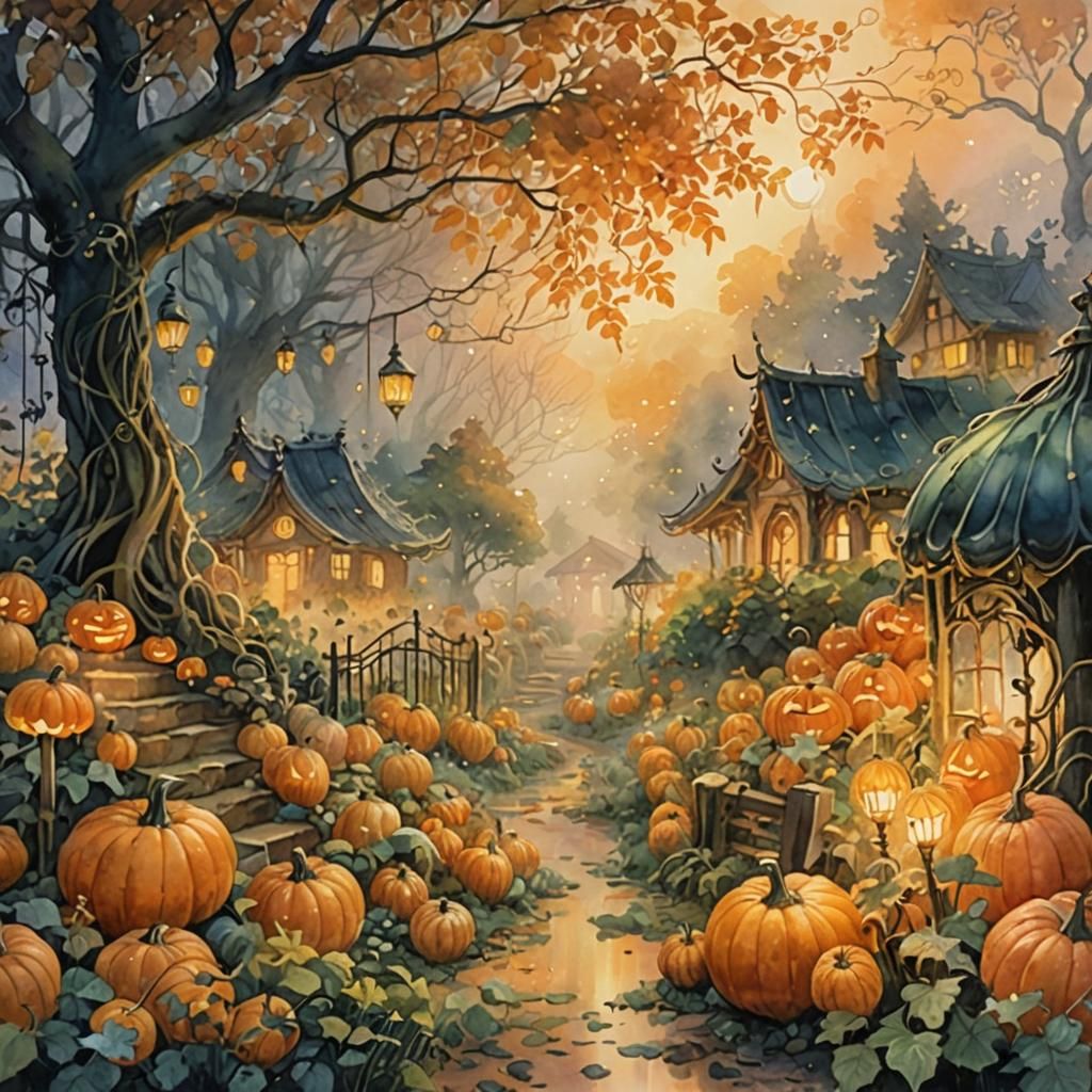 Enchanted Pumpkin Garden in Ethereal Watercolor Painting