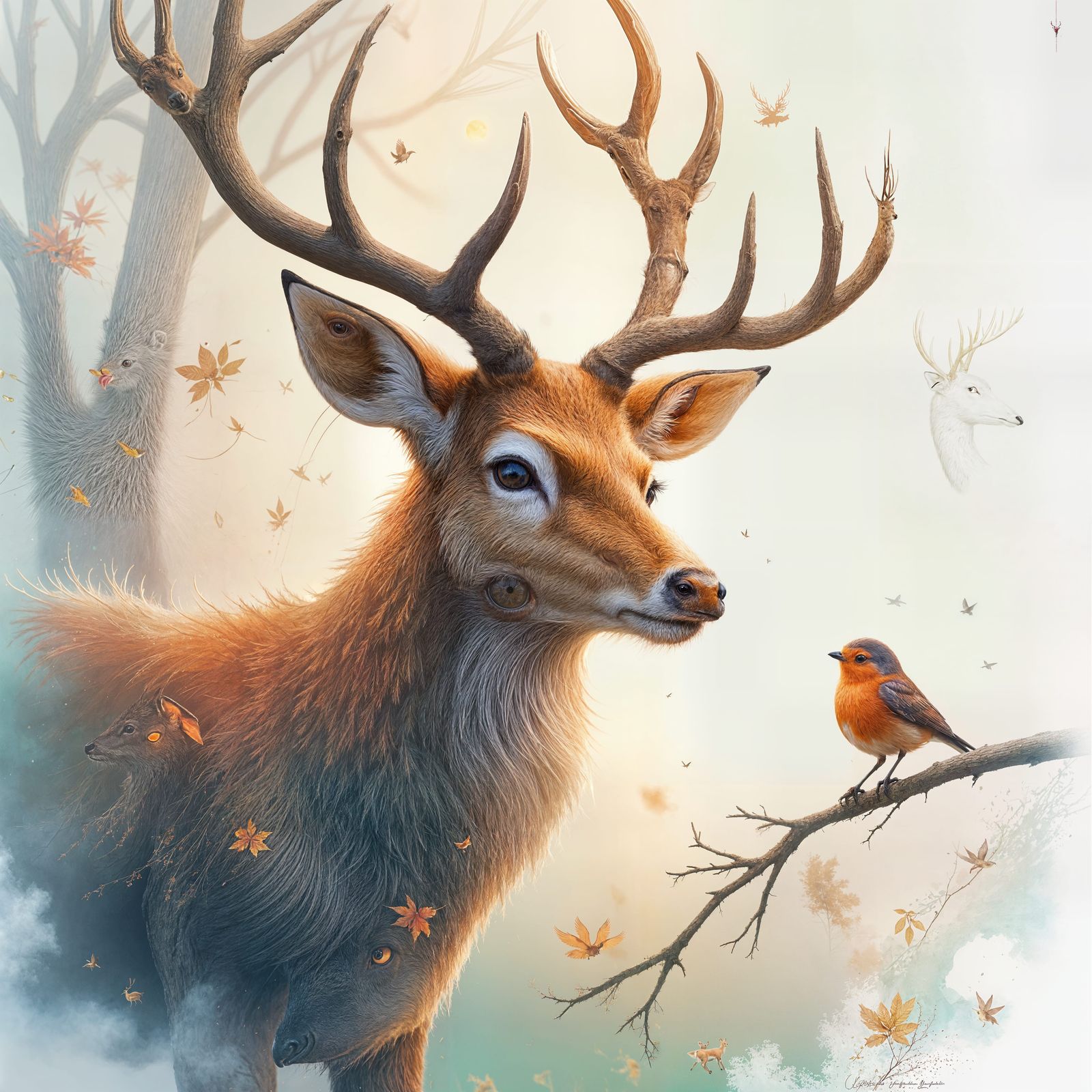 Deer and Robin Watercolour Painting in Ethereal Style