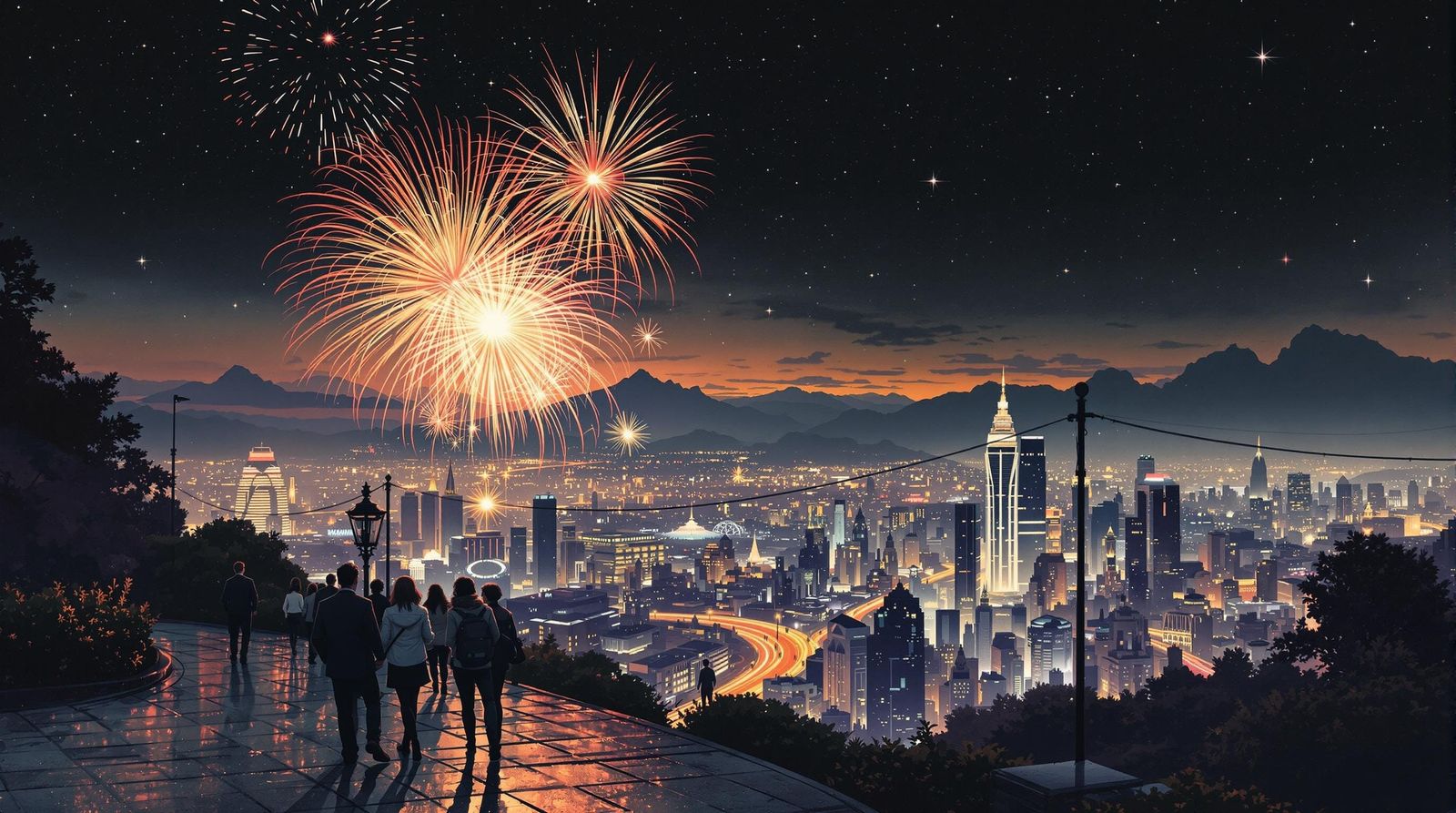 Retro-Futuristic Fireworks on a Mountain City