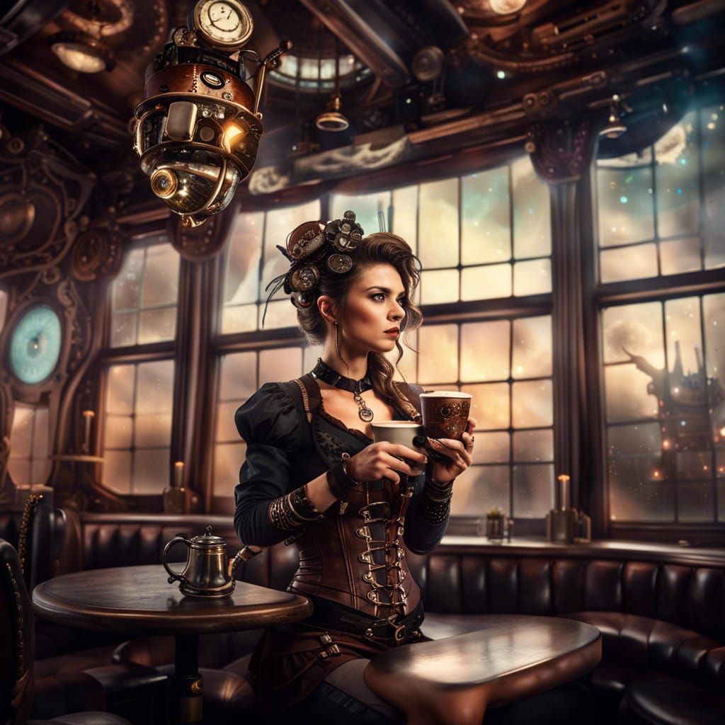 Steampunk Woman Serves Coffee in Space Cafe