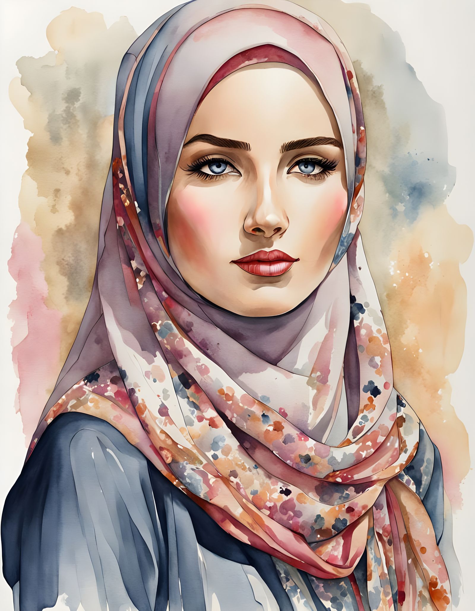 Watercolor Portrait of Young Woman in Hijab