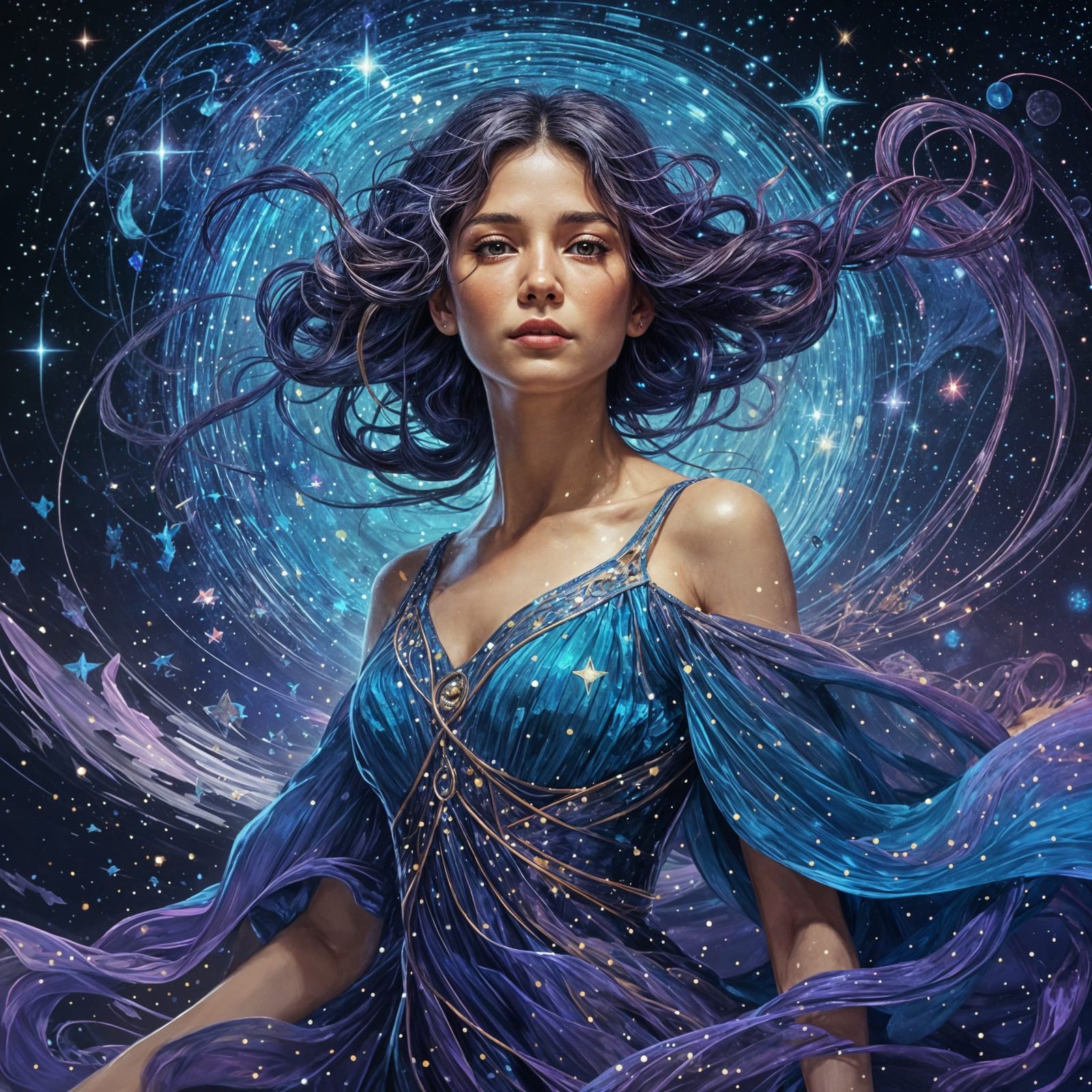 Abstract Impressionist Woman in Starry Night Sky