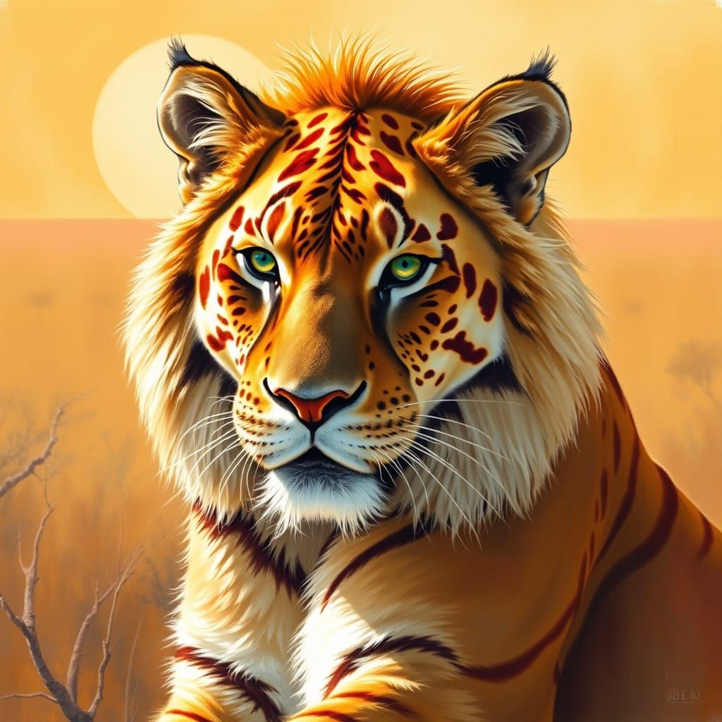 Golden Liger Roams the Sun-Kissed Savannah in Realistic Wild...
