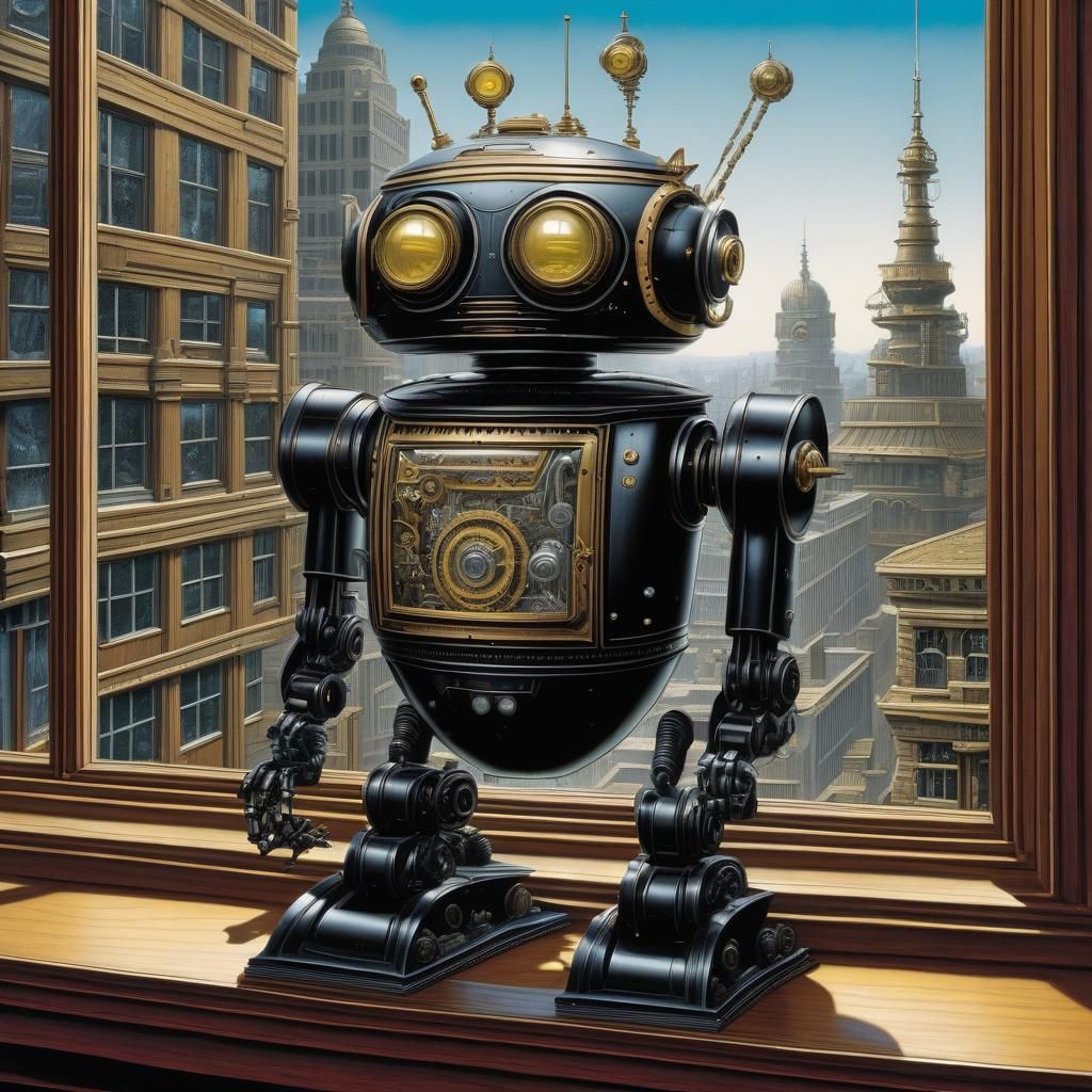 Steampunk Robot on Windowsill in Pop Surrealism Style