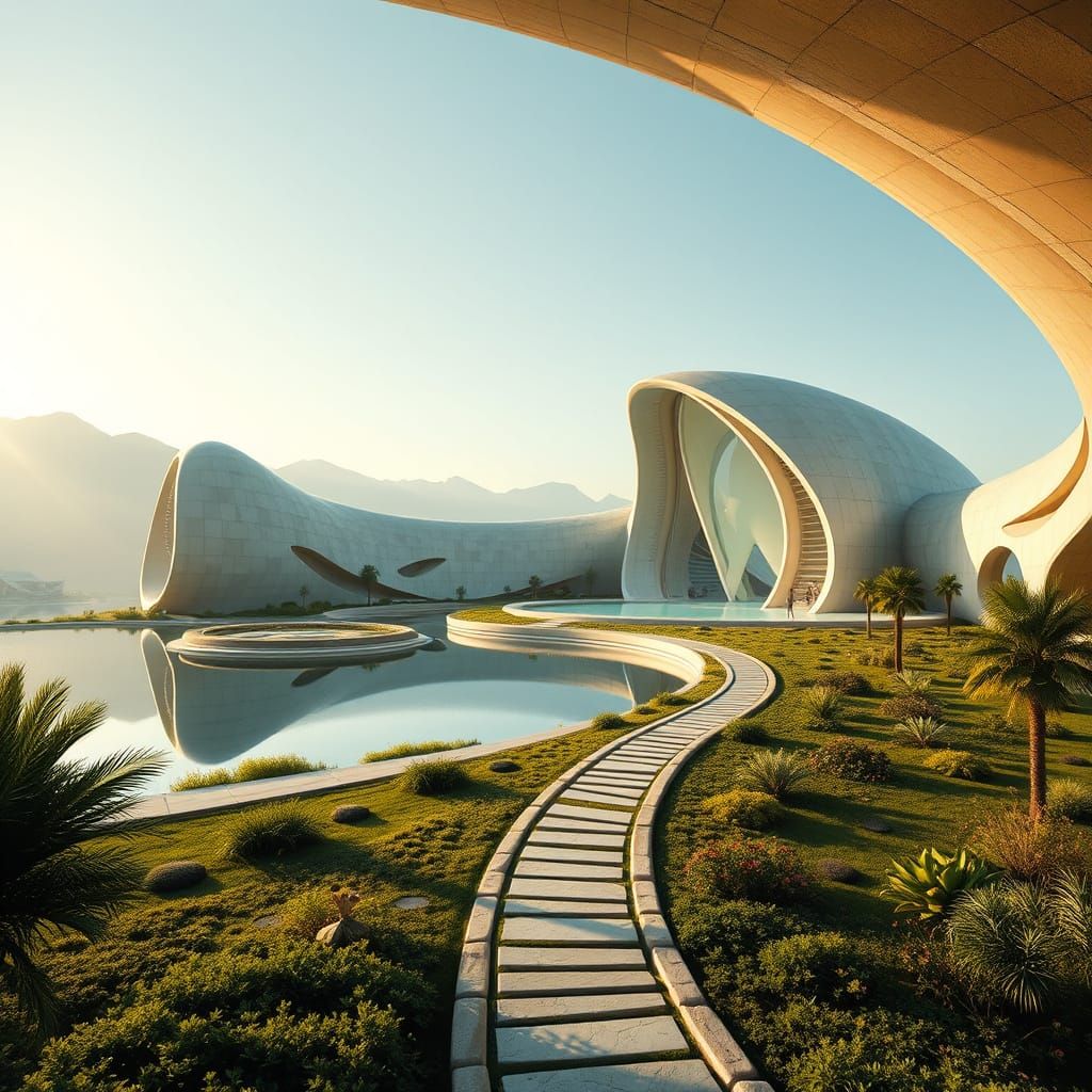 Photorealistic Alien Sanctuary with Elegant Architecture