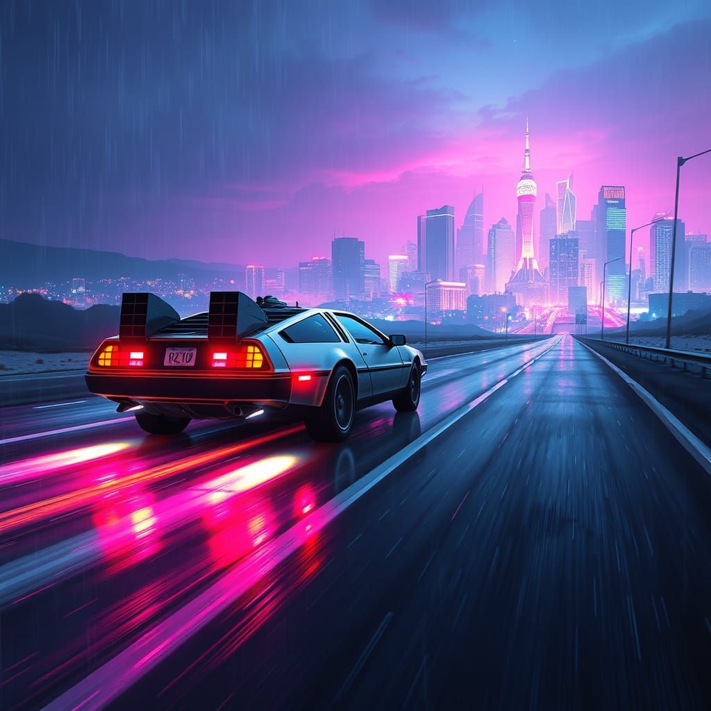 Sleek DeLorean Speeds Through Rainy Night in Neon-Lit Cyberp...