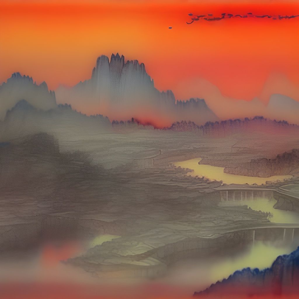Indigo Orange Fantasy Landscape as Watercolor Painting