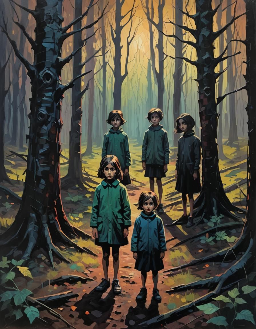 Eerie Twilight Forest: Expressionist Children Painting