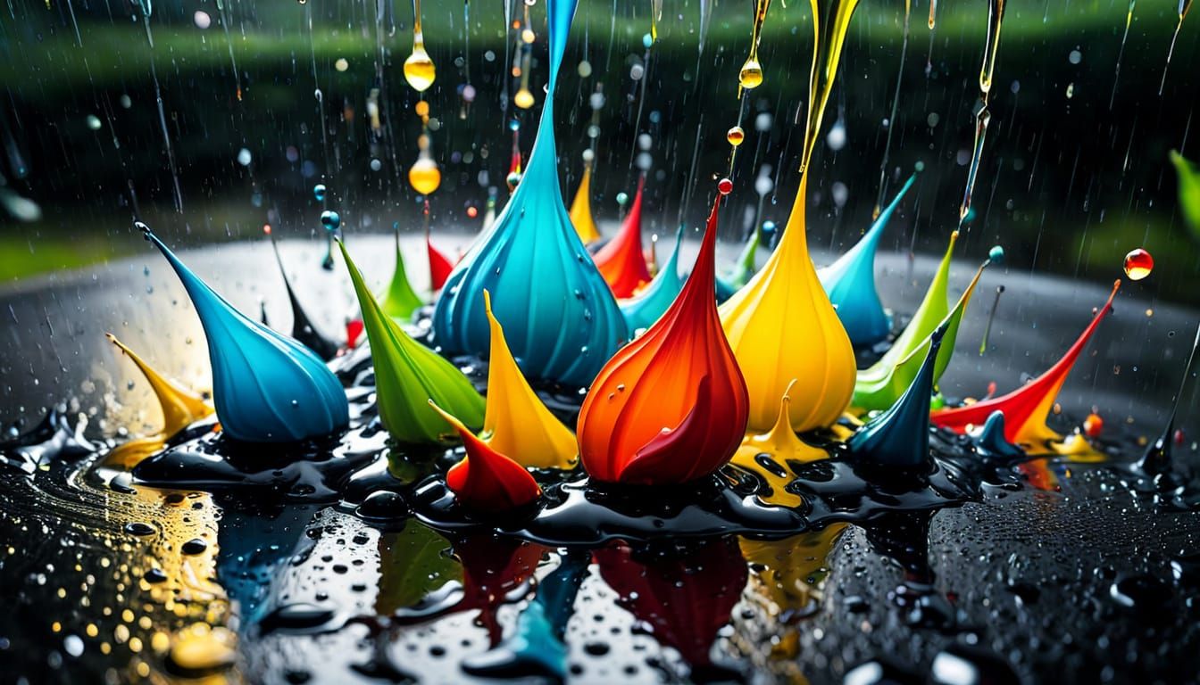 Vibrant Surreal Landscape with Sharp Liquid Ink Shapes