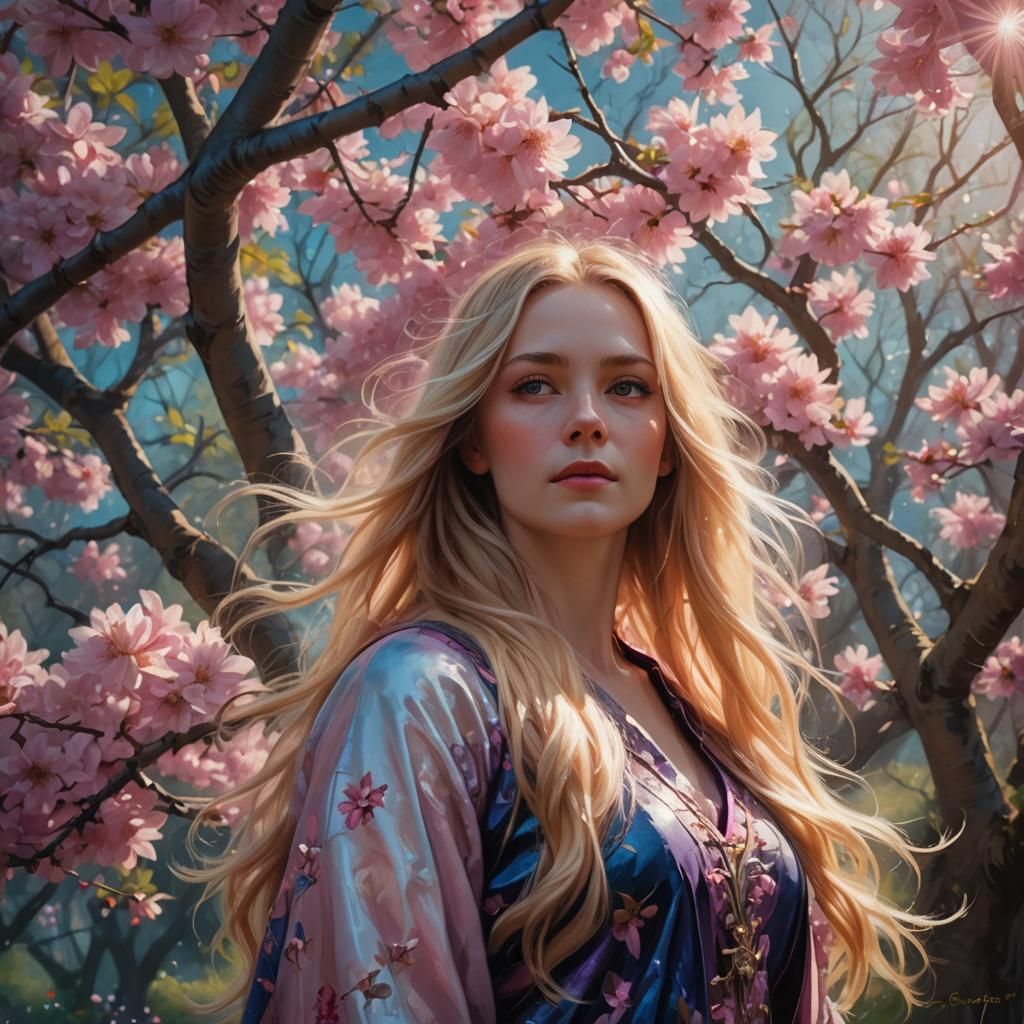 Fantasy Woman in Blooming Tree, Oil Painting Style